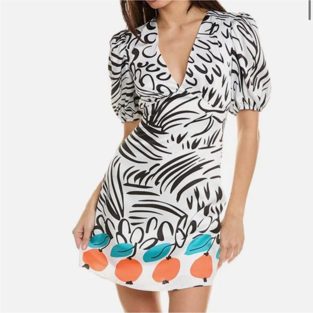 STAUD Milla Lemon print White Black Printed Mini Dress 0